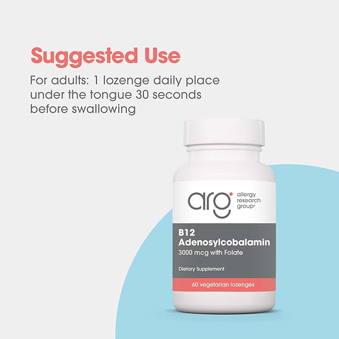 Allergy Research Group B12 Adenosylcobalamin Supplement - with Folic Acid, Vitamin B12 3000 mcg, Folate, Pure B12, Vegetarian Lozenges - 60 Count