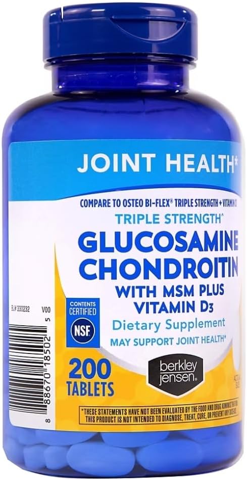 Berkley Jensen Glucosamine Chondroitin – Triple Strength Glucosamine Chondroitin Complex with MSM and D3 – Joint Supplement Tablets for Joint Support and Cartilages, NSF Certified, 200 Ct. (Pack of 1)