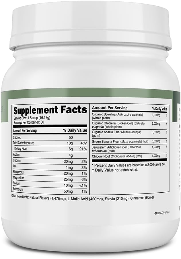 Transparent Labs Prebiotic Greens - Superfood Powder & Antioxidants Supplement with Organic Spirulina, Chloerra, Acacia, & Green Banana Powder - 30 Servings, Unflavored
