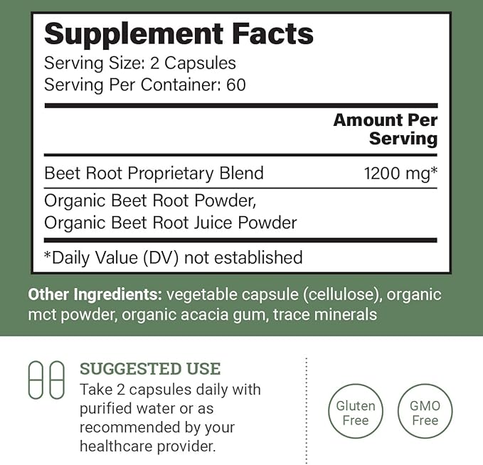 Organic Beet Root Capsules 1200 mg - Beet Root Powder & Juice Blend Supplement for High Blood Pressure and Circulation, Blood Flow Supplement for Men and Women - 120 Capsules