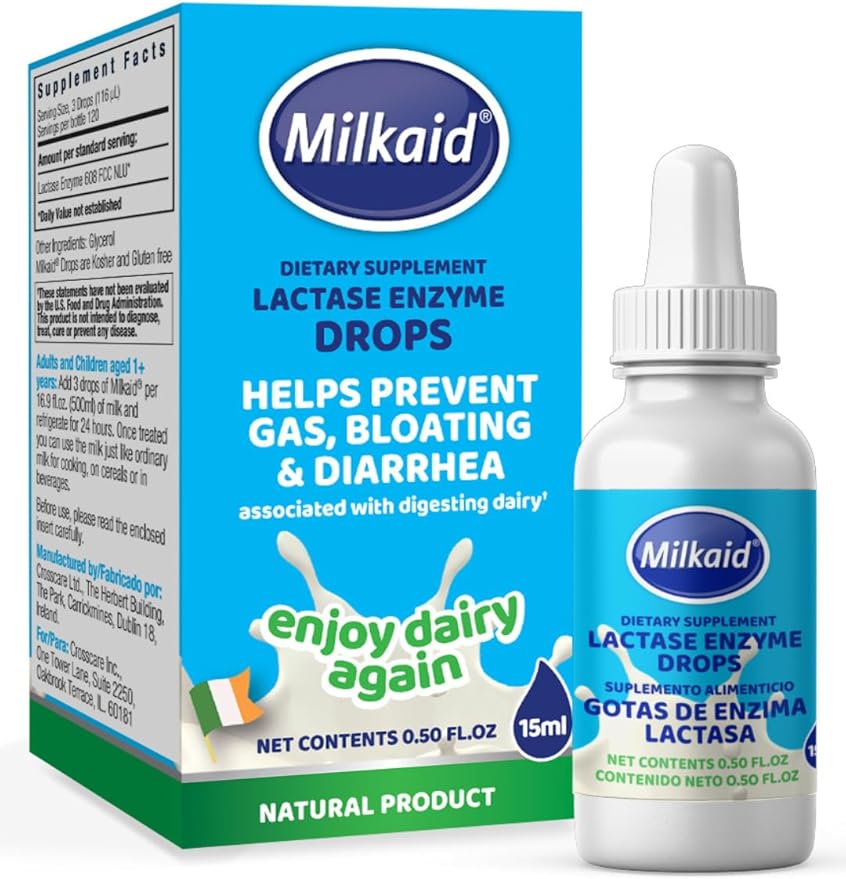 Milkaid Lactase Enzyme Drops for Lactose Intolerance | Prevents Gas, Bloating & Diarrhea | Fast Acting Dairy Digestive Supplement | Gluten Free & Vegetarian | No Artificial Flavor | 0.5 Fl Oz (3)