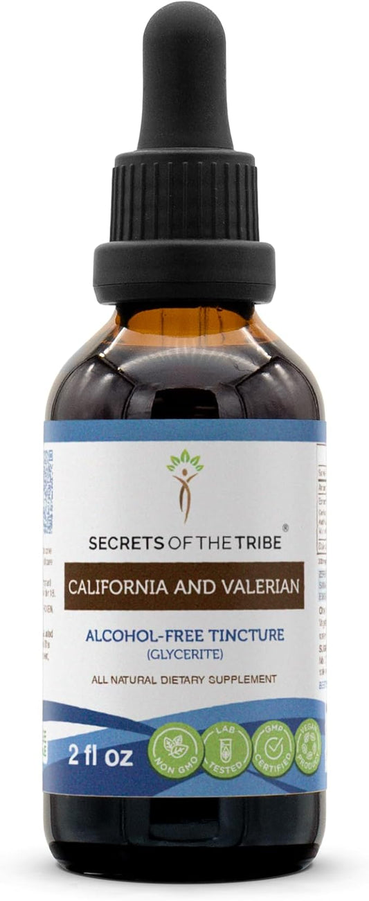 Secrets of the Tribe California and Valerian Alcohol-Free Liquid Extract, Herbs (California Poppy Herb and Flower, Valerian Root) Tincture Supplement (2 FL OZ)