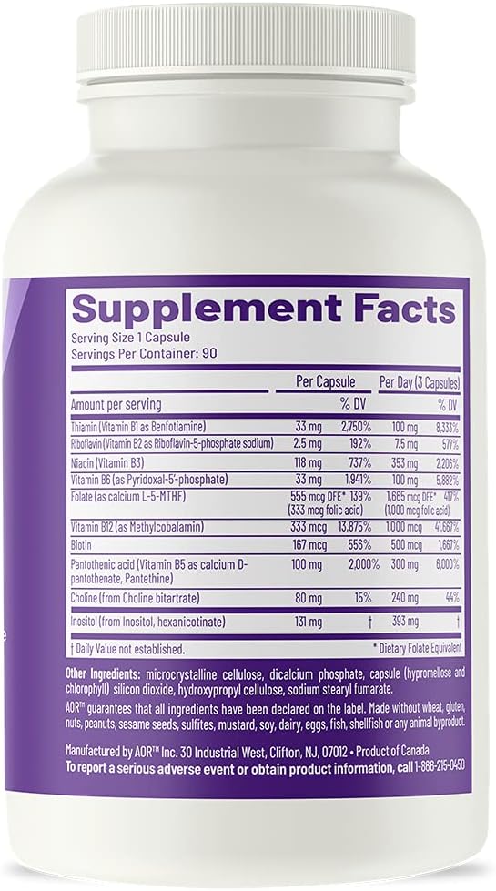 AOR, Advanced B Complex, Multivitamin Support for Energy, Stress and Metabolism, Dietary Supplement, 90 Capsules (90 Servings)