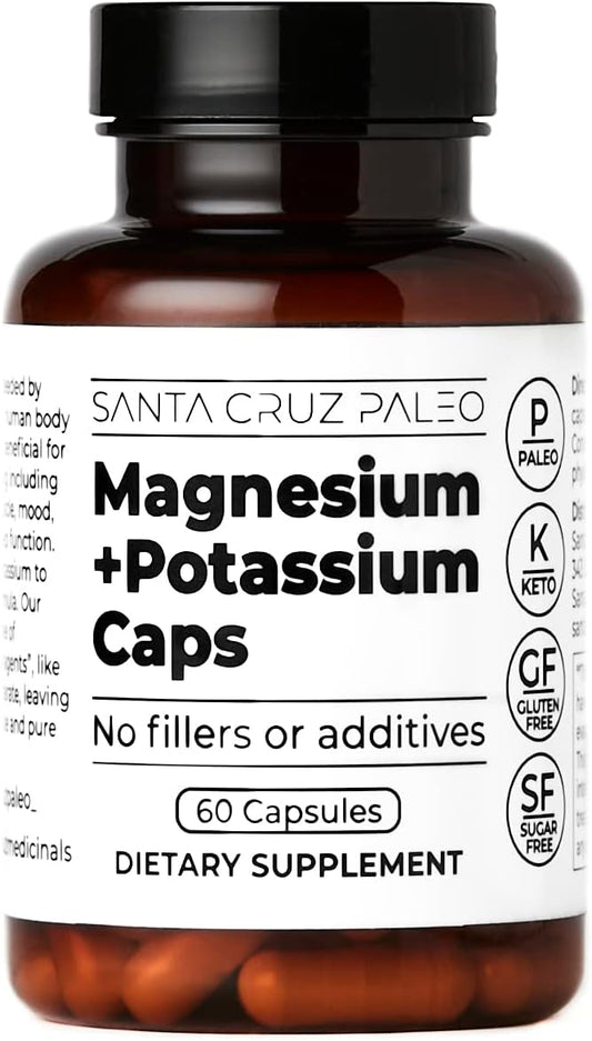 Santa Cruz Paleo Magnesium Potassium Capsules, Magnesium Glycinate and Potassium Citrate, Gluten Free, Keto, Sugar Free, Paleo, for Overall Health, Brain, Muscle, Bone and Energy Support, 60 Capsules