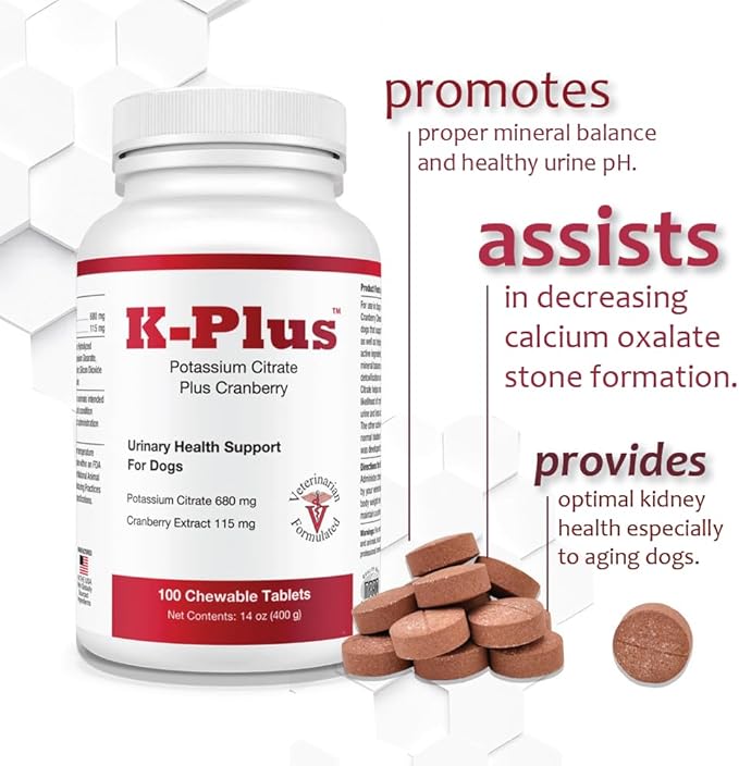 K-Plus Potassium Citrate Plus Cranberry Supplement for Dogs - UTI Remedy Chewable Tablets - Supports Bladder Health - for Every Dog Breed, 200 Chewable Tablets