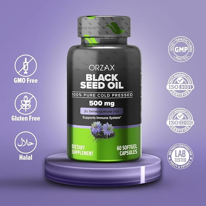 ORZAX Black Seed Oil Cold Pressed 100% Pure | Non-GMO - Rich in Omega 3 6 9 & Thymoquinone | Black Cumin Nigella Sativa Oil for Immune Support, Hair, Skin, Face (500 mg - 60 Softgel Capsules)