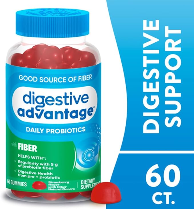 Digestive Advantage Prebiotic Fiber Supplement Strawberry Flavor Gummies with Probiotics for Women & Men Digestive Health, Adults Regularity and Gut Health, 60 Count (2 Pack)
