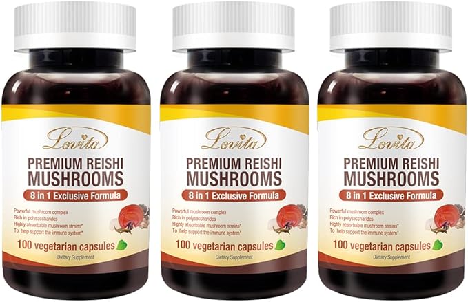 Lovita Mushroom Supplement, 8 in 1 Mushroom Complex, Lion’s Mane, Cordyceps CS-4, Reishi Spores, Turkey Tail, Maitake, Natural Energy, Memory Support & Immune Support. 100 Vegan Capsules (Pack of 3)