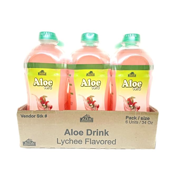 ALFA VITAMINS Aloe Vera Drink Original Flavor - Natural Pulp - 34 Ounce - 6 Pack (Lychee)