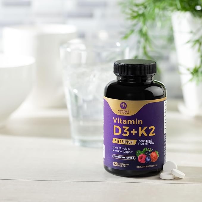 Vitamin D3 5000 iu Plus K2 (MK-7) 100 mcg - 2 in 1 Vitamins D & K Complex - Supports Calcium Absorption, Bone, Immune, & Heart Health – Made in the USA, Non-GMO, Easy to Swallow, 120 Chewable Tablets