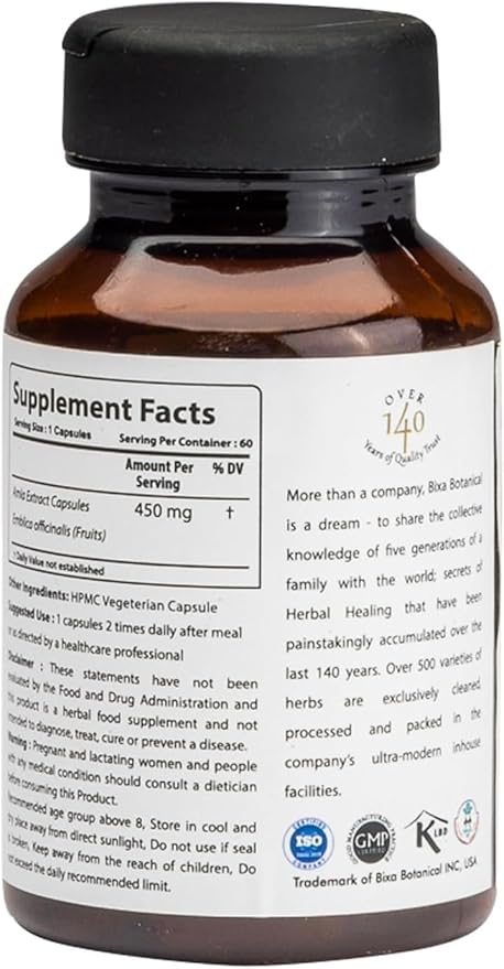 Amla Extract Capsule (Indian Gooseberry, Emblica officinalis) Ideal Vitamin C Supplement | Pure & Natural Super Food Supplement 450 MG Veg Capsules 60 Count (Pack of 1)