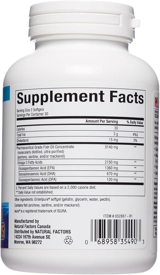 Natural Factors RxOmega-3 Ultra Strength Fish Oil with Vitamin D3, High Potency Formula, 2,150 mg, No Fishy Aftertaste, 60 Softgels