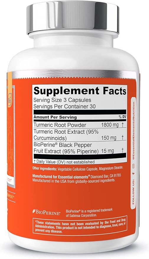 Essential Elements Turmeric Curcumin - Joint, Heart & Brain Support - with Bioperine for Increased Absorption 1950 mg - 90 Capsules