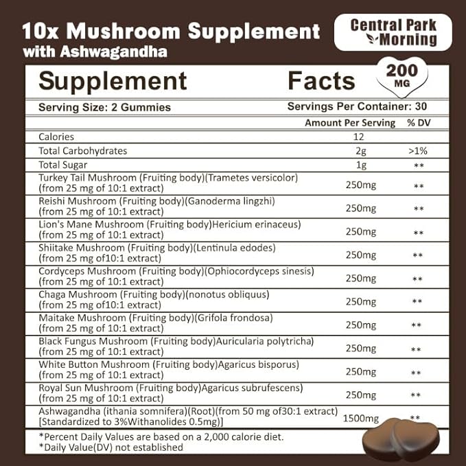 Mushroom Gummies, Lion's Mane, Turkey Tail, Reishi, Chaga, Cordyceps Mushroom with Ashwagandha