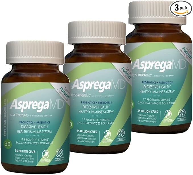 Asprega 30CT - Probiotic + Prebiotic Supplement | 17 Strains, 35 Billion CFUs | Delayed Release | Saccharomyces Boulardii | for Men & Women | by ScimeraMD, 3-Pack