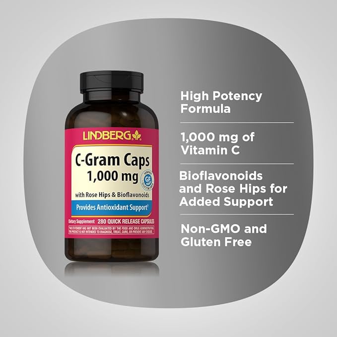 Lindberg Vitamin C 1000mg | with Bioflavonoids and Rose HIPS | 280 Capsules | Non-GMO, Gluten Free Supplement