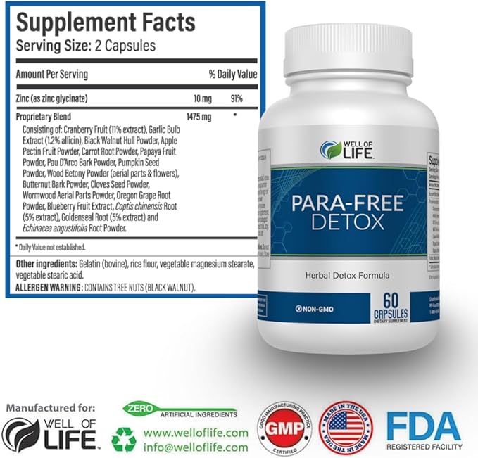 Well of Life para-Free Detox: Immune Support & Natural Detox Blend with Zinc, Black Walnut, Wormwood, Goldenseal, Cranberry & Garlic. Synergistic Formula for Overall Wellness: 60 V Capsules