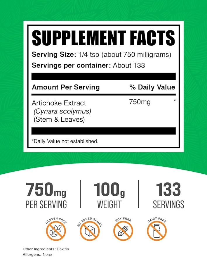 BulkSupplements.com Artichoke Extract Powder - Herbal Supplement, Artichoke Supplement - Vegan & Gluten Free, 750mg per Serving, 100g (3.5 oz) (Pack of 1)