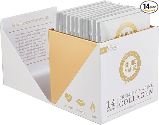 Premium Marine Collagen Powder with Type I II III and IV Hydrolyzed Peptides for Women Men, Sourced from Wild Fish Certified Kosher Unflavored - 14 Stir & Go Sachets (10g Each)