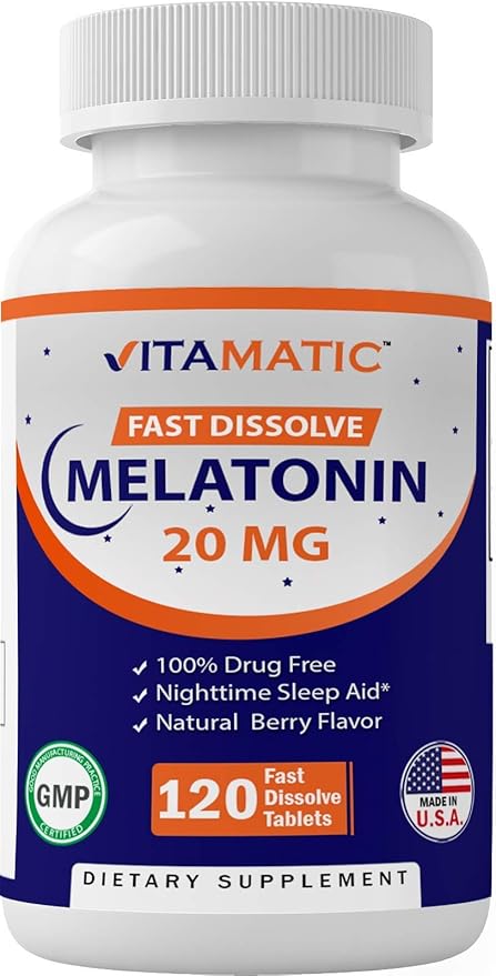 Vitamatic Melatonin 20 mg Tablets | Vegetarian, Non-GMO, Gluten Free | HIGH Potency 20 MG | Natural Berry Flavor (1/2 Tablets = Melatonin 10 mg) (120 Count (Pack of 3))