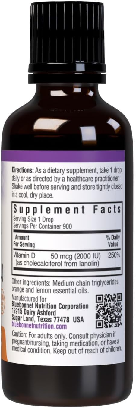 BlueBonnet Liquid Vitamin D3 Drops 2000 IU, Natural Citrus Flavor, 1 Fl Oz
