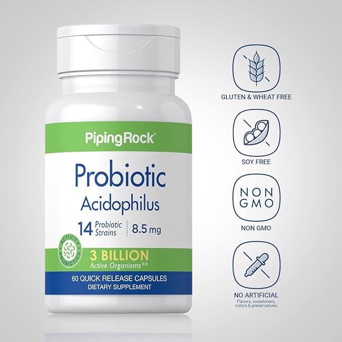 Piping Rock Probiotic Acidophilus Capsules | 60 Pills | 3 Billion CFU | Supplement for Women and Men | 14 Strains | Non-GMO, Gluten Free