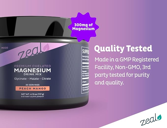 Premium Chelated Peach Mango Magnesium Glycinate, Malate, Citrate Triple Blend Magnesium Complex (Drink Mix (30 Serv.)