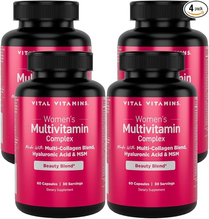 Vital Vitamins Women's Multivitamin Complex (4-Pack) - Made with Multi-Collagen Blend, Hyaluronic Acid, & MSM - Beauty Multivitamin for Women - with Vitamin A, C, E, B6, B12, D3