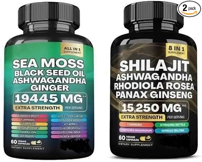 Sea Moss and Shilajit Bundle - Sea Moss,Black Seed Oil, Ashwagandha,Ginger & Shilajit,Rhodiola Rosea, Panax Ginseng