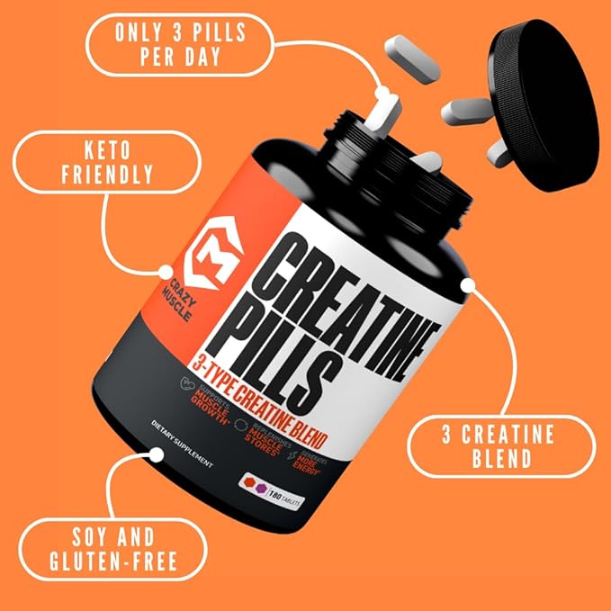 Crazy Muscle Creatine Monohydrate Pills, Premium 3 Type 5g Creatine Pills, Pre and PostWorkout & Keto Energy Builder, Easy to Take Three-Atine Pills for Optimum Performance Men Women, 180 Tablets