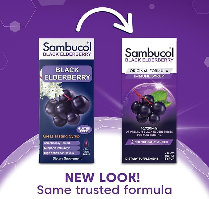 Sambucol Black Elderberry Syrup - Sambucus Elderberry Syrup, Black Elderberry Liquid, Immune Support, Elderberry Syrup for Kids and Adults, High Antioxidants, Gluten Free - Original Formula, 4 Fl Oz