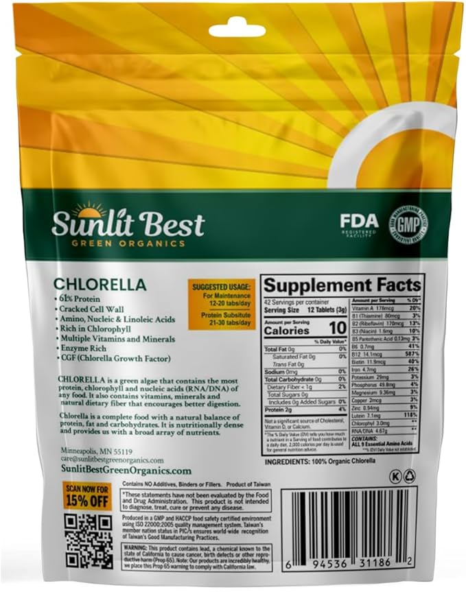 Sunlit Best USDA Organic Premium Chlorella Tablets 500 Tabs | 100% Pure Chlorella Superfood Supplement High in Protein, Chlorophyll, Vitamins, & Minerals | Supports Good Health, Wellbeing & Recovery