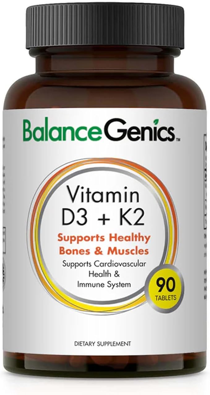 Vitamin D3 + K2 for Healthy Bones & Muscles - Dietary Supplement Supports Immune System, Muscle Function & Overall Wellness - Calcium Supplement with Organic Formula - 50mcg D3&75mcg K2