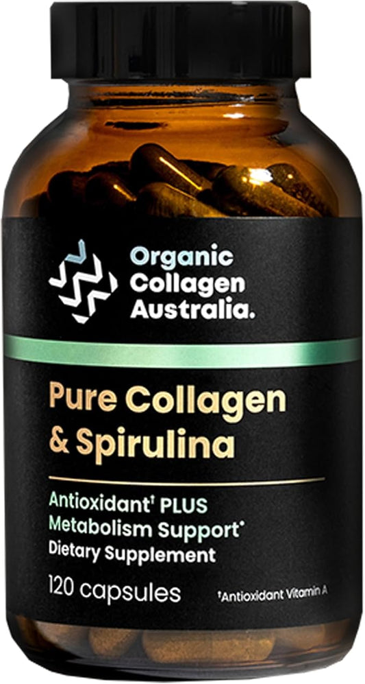 Organic Collagen Australia Pure Collagen & Spirulina Capsules – Antioxidant-Rich Supplement for Skin Elasticity, Joint Health, Metabolism Support & Energy (120 Capsules)