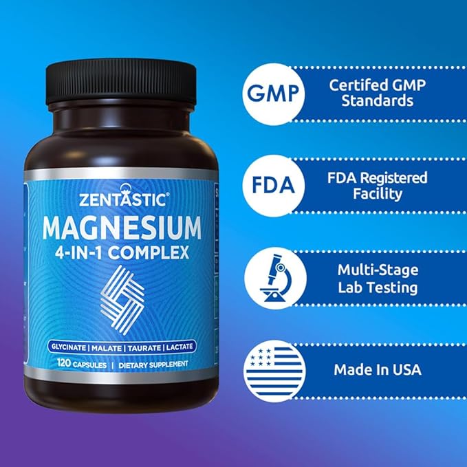 Zentastic Magnesium Complex - 360 Magnesium Capsules - Chelated Magnesium Glycinate, Malate, Taurate & Lactate - Support Bones, Muscles