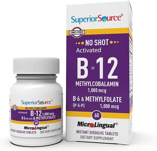 Superior Source No Shot Vitamin B-12 Methylcobalamin 1000 mcg, B-6, & Methylfolate 1000 mcg - Supports Energy, Brain, and Heart Health - Bariatric Friendly - 60 Sublingual Dissolving Tablets