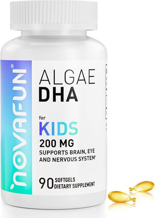 Algal Sourced Omega-3 & DHA Softgels for Kids, Brain, Eye and Heart Health, Cognitive & Immune Function, Learning, Social Development - Non-GMO - 200 mg - 45 Day Supply - 90 ct