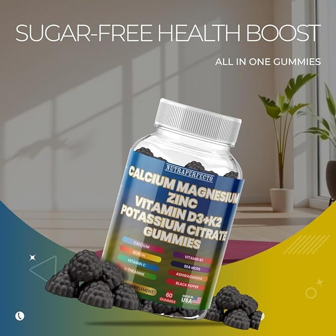 Sugar Free Calcium Gummies for Kids & Adults Citrate Magnesium Glycinate Potassium Vitamin D3 K2 B2 B6 C Irish Sea Moss Ashwaghanda L-Theanine Boron Zinc Gummies for Muscles, Cellular Energy