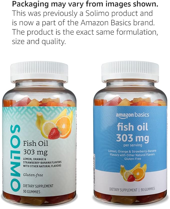 Amazon Basics Fish Oil 303 mg, Lemon, Orange & Strawberry-Banana Flavors, 90 Gummies (2 per Serving), EPA and DHA Omega-3 Fatty acids (Previously Solimo) (Pack of 2)