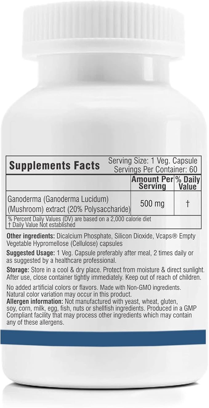 Trexgenics GANODERMA 500mg Reishi Mushroom 20% Polysaccharides Antioxidant, Immunity Support (60 Veg. Capsules)