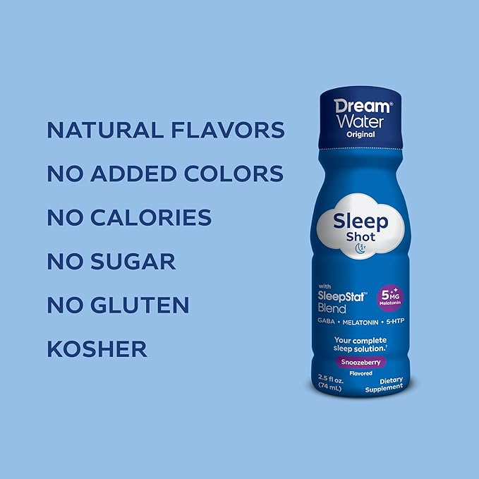 Dream Water Sleep Aid Supplement Drink; Melatonin 5mg, GABA, 5-HTP; Zero Sugar, Natural Flavors, No Added Colors, 2.5 oz Liquid Sleep Shots, Snoozeberry, 4-Count