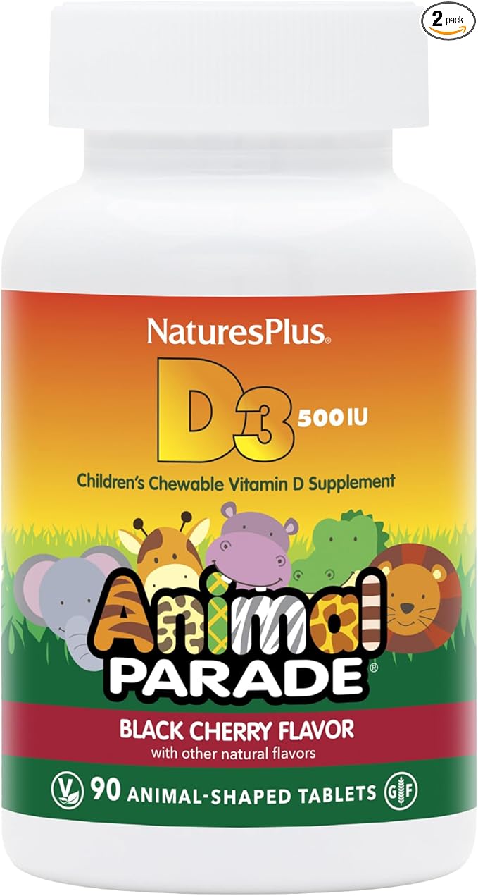 Natures Plus Animal Parade Vitamin D3 Children’s Chewables - Black Cherry Flavor - 90 Animal-Shaped Tablets, Pack of 2 - Gluten Free, Vegetarian, Hypoallergenic - 180 Total Servings