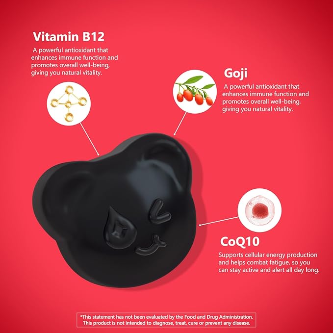 Natural Energy Gummies with Vitamin B12, Goji, Co Q10, Energy Support & Metabolism Support Chewable Supplement,GMO Free, Gluten Free (Raspberry, 60 Count