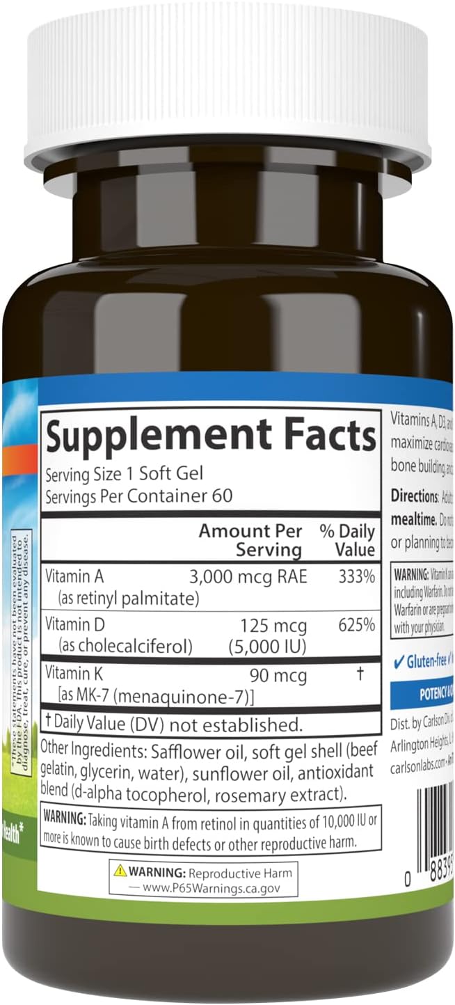 Carlson - Vitamins A, D3, K2, 3000 mcg RAE Vitamin A, 125 mcg Vitamin D3, 90 mcg Vitamin K2 as MK-7, Bone Building, Calcium Utilization, 60 Soft Gels