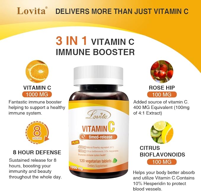Lovita Vitamin C 1000mg with Bioflavonoids & Rose HIPS, Timed Release Coating, High Potency, Support Healthy Immune Function, 120 Vegetarian Tablets for 4 Month Supply