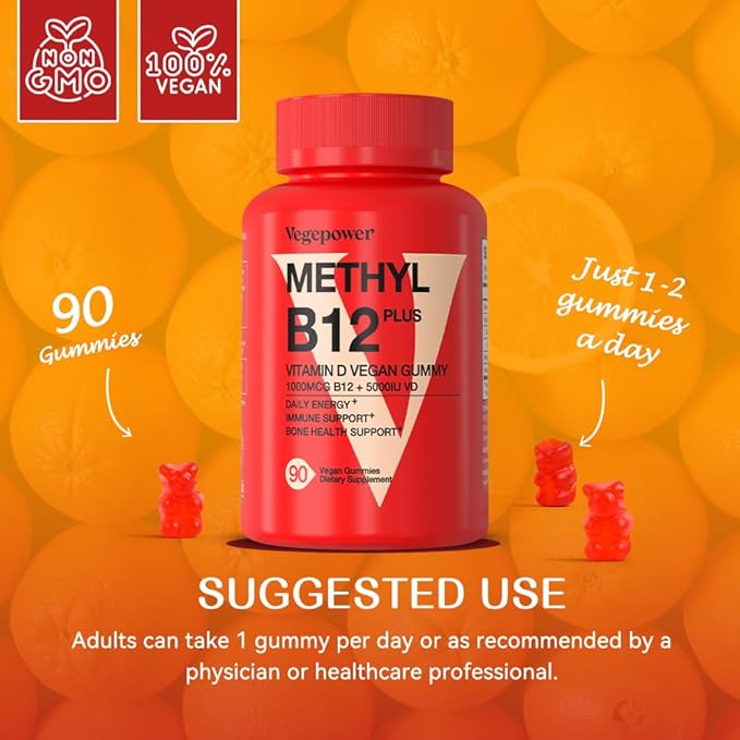 Vegan Vitamin D3 & B12 Gummies, Methyl B12 Supplement for Adults & Kids, Enhanced with Vitamin D 3 for Natural Energy, Immune, Metabolism & Focus, Orange, 90 Gummies