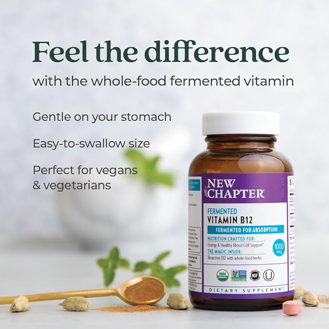 New Chapter Fermented Vitamin B12 1,000 mcg, USDA Organic, ONE Daily for Cellular Energy + Healthy Blood Cells, Certified Vegan, Gluten Free - 60 Count