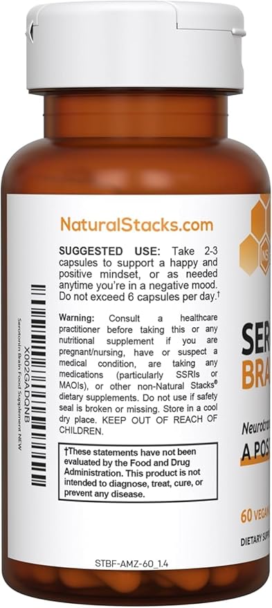Serotonin Brain Food - 1250mg L-Tryptophan & 400mg Rhodiola Rosea Supplement - Mood Support Supplement for Stress Relief - Neurotransmitter Support with Magnesium Glycinate & Zinc - 60 Capsules