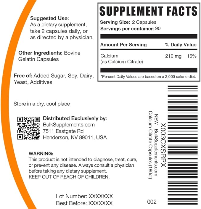 BulkSupplements.com Calcium Citrate Capsules - Calcium Citrate Supplement - Soy Free -180 Capsules (Pack of 1)