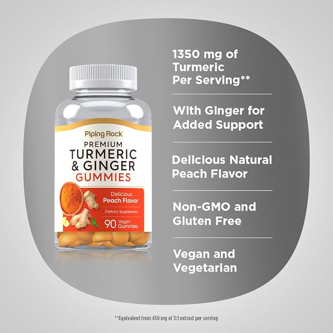 Piping Rock Turmeric and Ginger Gummies | 90 Count | Peach Flavor | Vegan Formula | Non-GMO, Gluten Free Supplement
